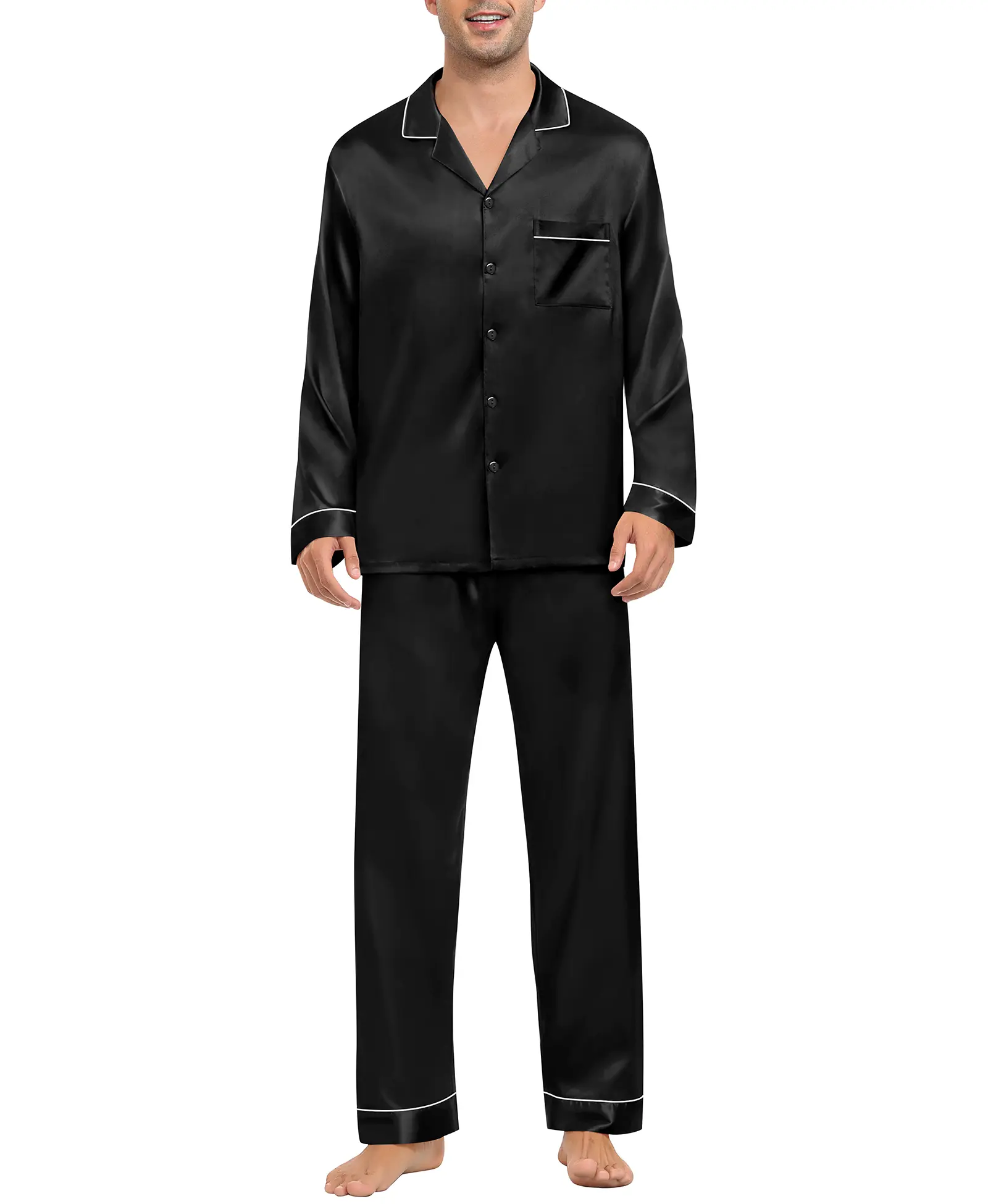 SWOMOG Men's 2-Piece Pajama Set, Classic V-Neck Satin Fabric Sleepwear, Long Sleeve Button-Down Loungewear with a Loose Fit and Pockets, Menswear, Hem, Pants, Polyester, Festive, Soft, Elastane, Bathing, Couple Outfits