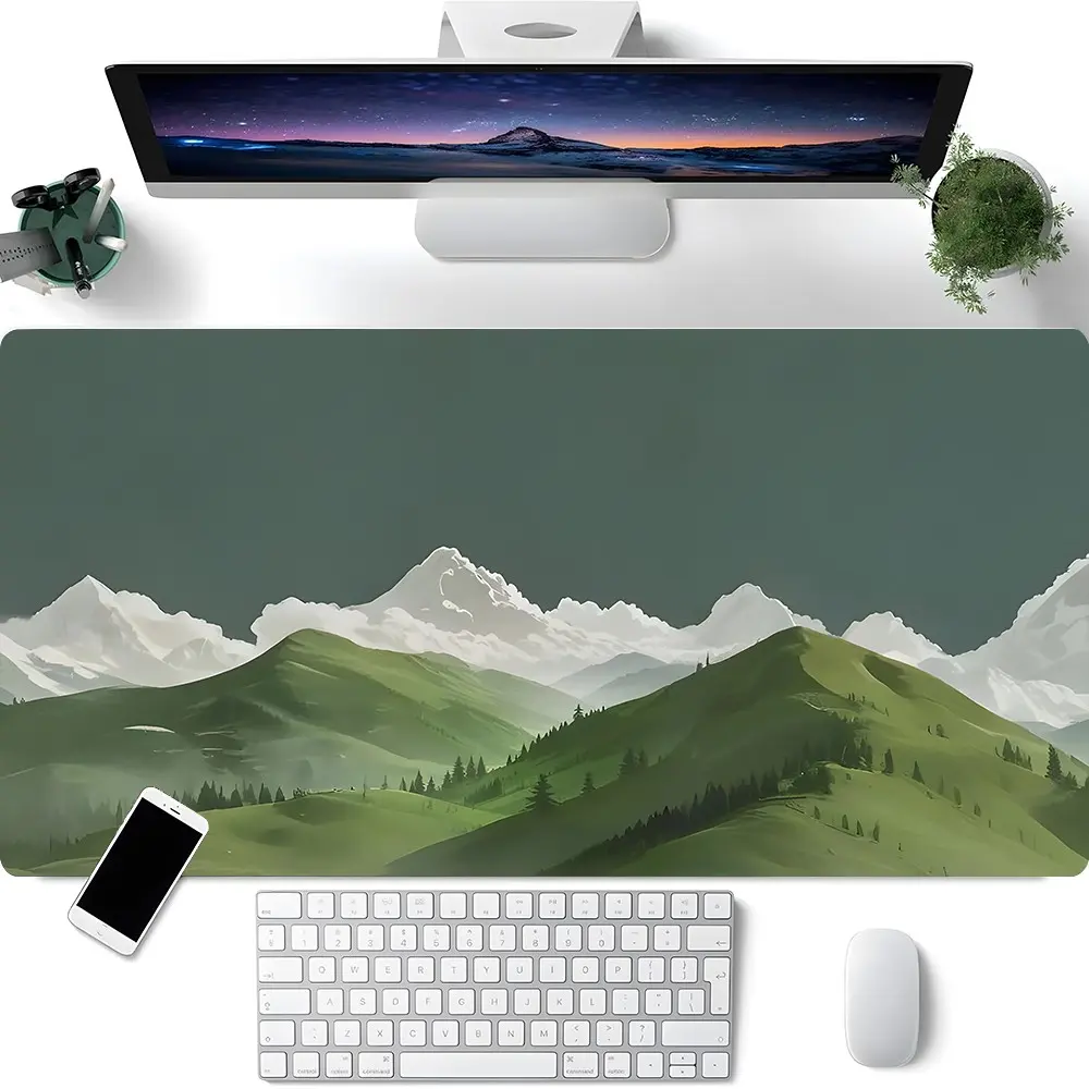 Serene Minimalist Mountain Meadow Large Extended Gaming Mouse Pad, Non-Slip Rubber Base Stitched Lock Edge Desk Mat, Calm Green Nature Landscape Art Design, Durable Computer Accessory for Home Office & Gaming Setup, Perfect Gift for Gamers & Nature Lovers
