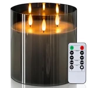 6X6'' Extra Large Flameless Candle with 3 Wicks, Glass LED Pillar Candle, Real Wax Battery Operated Candle with Remote Control and Timer, Grey