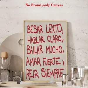 1 pc, wall art, fashion poster, Spanish Besar Lento art print, red hand-painted lettering canvas painting, living room decoration, bedroom aesthetic design, gift for friends, housewarming gift, unframed, Modern Home Decor