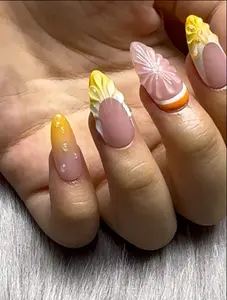 Y2K Ombre Press On Nails Spring Flower & Water Drop Design Glossy Finish Easy Application 10 Nails 20 Tabs Strong Glue Bottle Mini File Manicure Wooden Stick Alcohol Pads