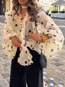 Women's Long Sleeve Loose Button-Up Polka Dot Transparent V-Neck Shirt Top, Elegant Fitted Design for All Seasons