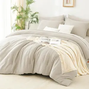 7-Piece Beige Queen Striped Seersucker Bed-in-a-Bag Comforter Set, Soft Lightweight Boho All-Season Bedding with Sheets, Pillowcases & Shams