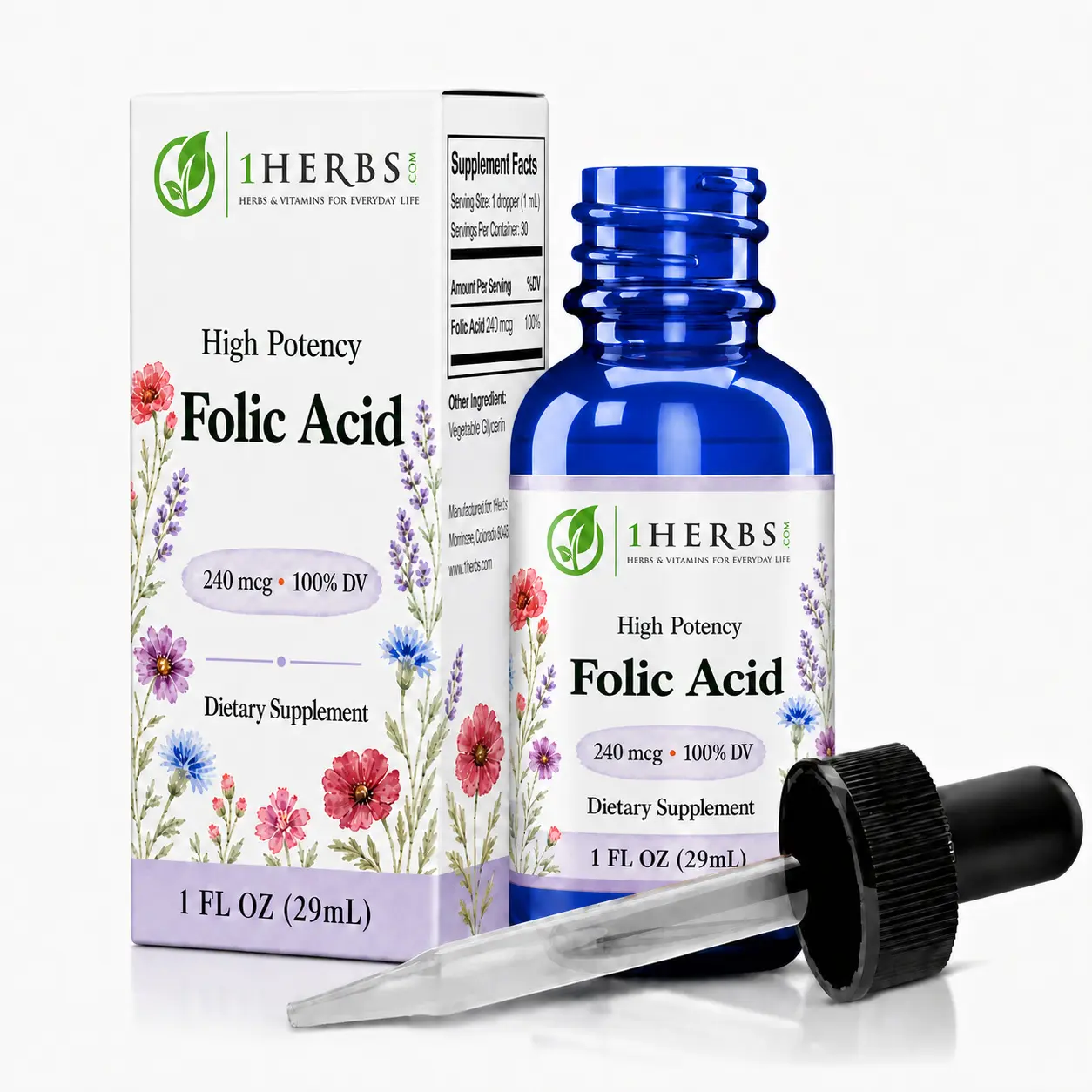 1Herbs Liquid Folic Acid Vitamin B9 Drops, 100% Daily Value, Alcohol-Free Vegan Supplement, 1 fl oz