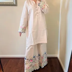 Women's Pakistani Off-White Embroidered 2-Piece Suit - Short-Style Kurti, Wide-Leg Pant, Cotton Embroidery Womenswear Traditional Elegant