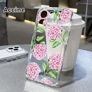 Pink Hydrangea Grace Pattern Phone Case for iPhone 17 15 16 14 Pro Max 13 12 11 XR XS Air Plus Non-Yellowing Drop Protection Transparent Silicone Cover Cellphone Protective