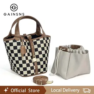 GAINSNS Checkerboard Plaid Checkered Women's Vegetable Basket Shape Satchel, Polyester Bucket Bag with Top Handle, Adjustable Crossbody and Shoulder Handbag – Stylish, Multi-Functional, Lightweight Purse for Work, Travel, Shopping, and Holiday Gifts