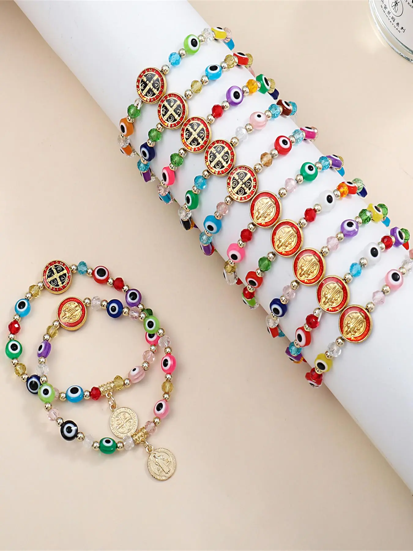 12PCS San Benito Bracelets Colorful Evil Eye Beads Elastic thread Catholicism Saint Benedict Medal Pendant Handmade Religious Faith Beaded Bracelet Set Charm Bracelets Bracelets Jewelry