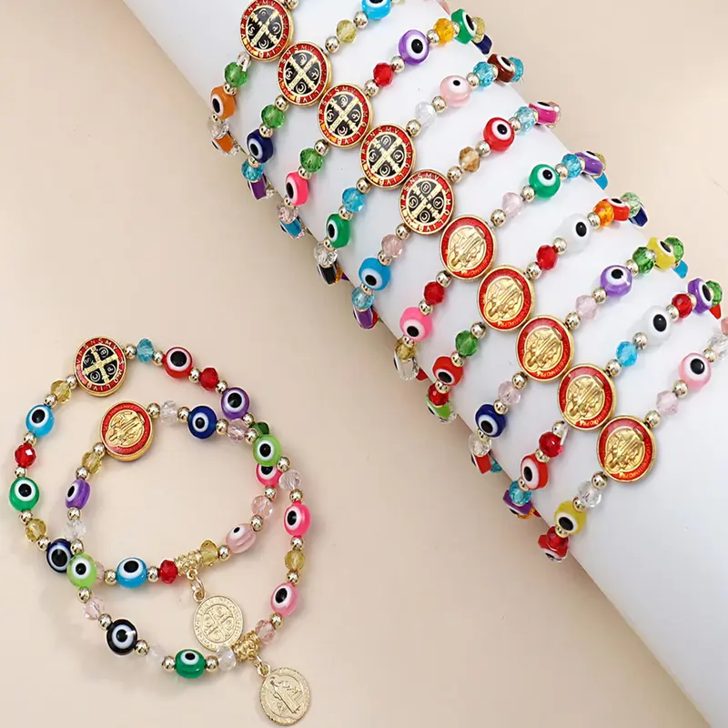 12 Pcs Colorful Evil Eye Beads Elastic Catholic Saint Benedict Medal Pendant, Handmade Religious Faith Beaded Bracelet Set, Charm Bracelet Jewelry