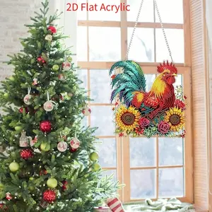 2D Flat Acrylic Colorful Rooster Sunflower Floral Diamond Painting Hanging Sign, 2D Acrylic, DIY Craft for Bedroom Living Room Entryway, Perfect Gift for Farm Lovers, Mother's Day