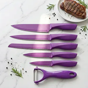 6-piece Purple Kitchen Knife and Peeler Set with non-slip handles for a comfortable grip, ideal for all food preparation and cooking needs