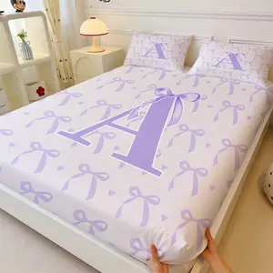 Lavender Coquette Bow Letter Print Bedding Set, Includes Deep Pocket Sheet and 2 Pillowcases, Perfect for Girls' Bedroom, Ideal Birthday Gift