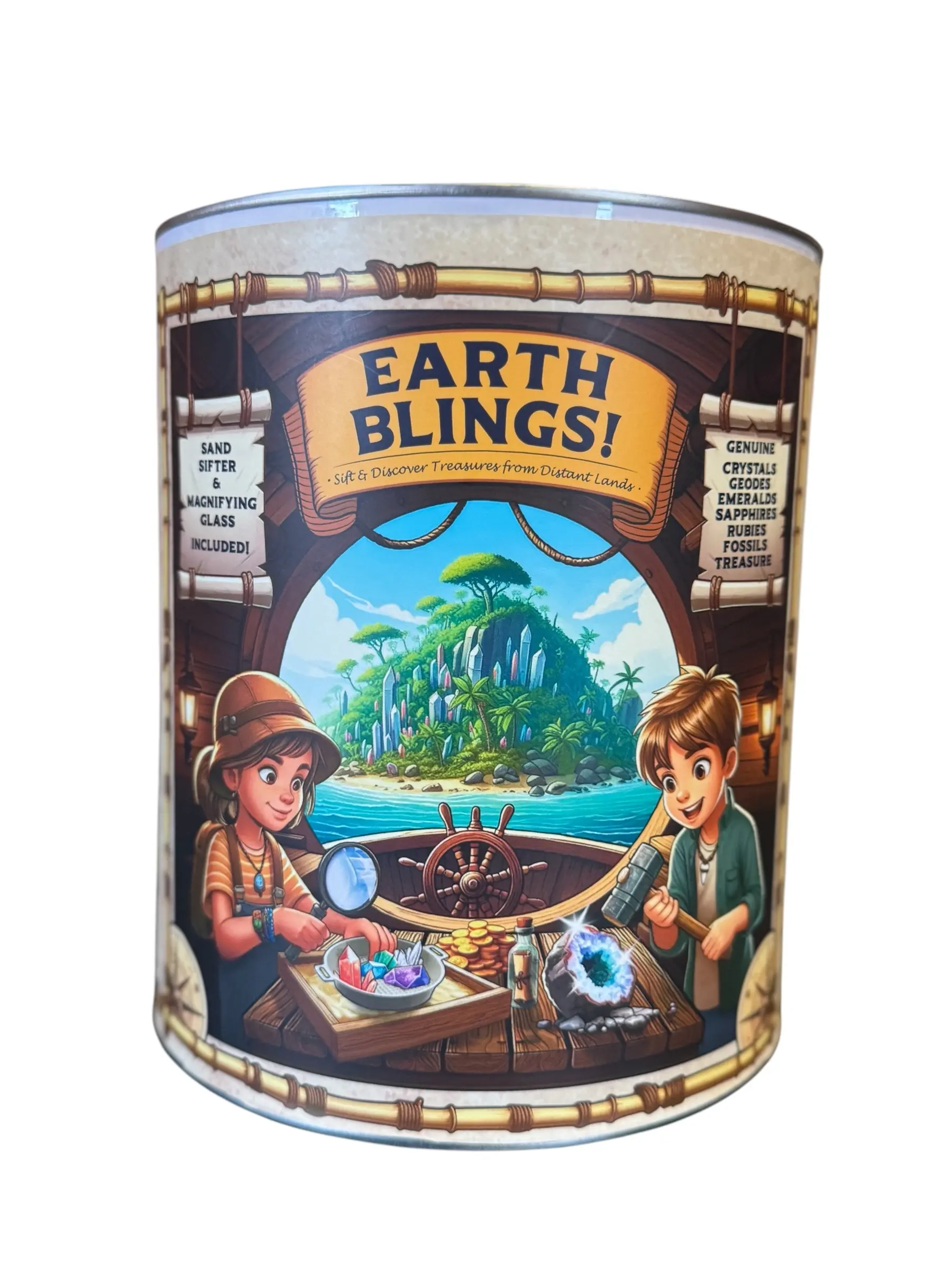 Earth Blings 1 Gallon Crystal Treasure Dig Kit With Geodes, Gemstones, Fossils, Bracelets, Crystals, Carvings, Palo Santo, Sifter, Brush & Magnifying Glass