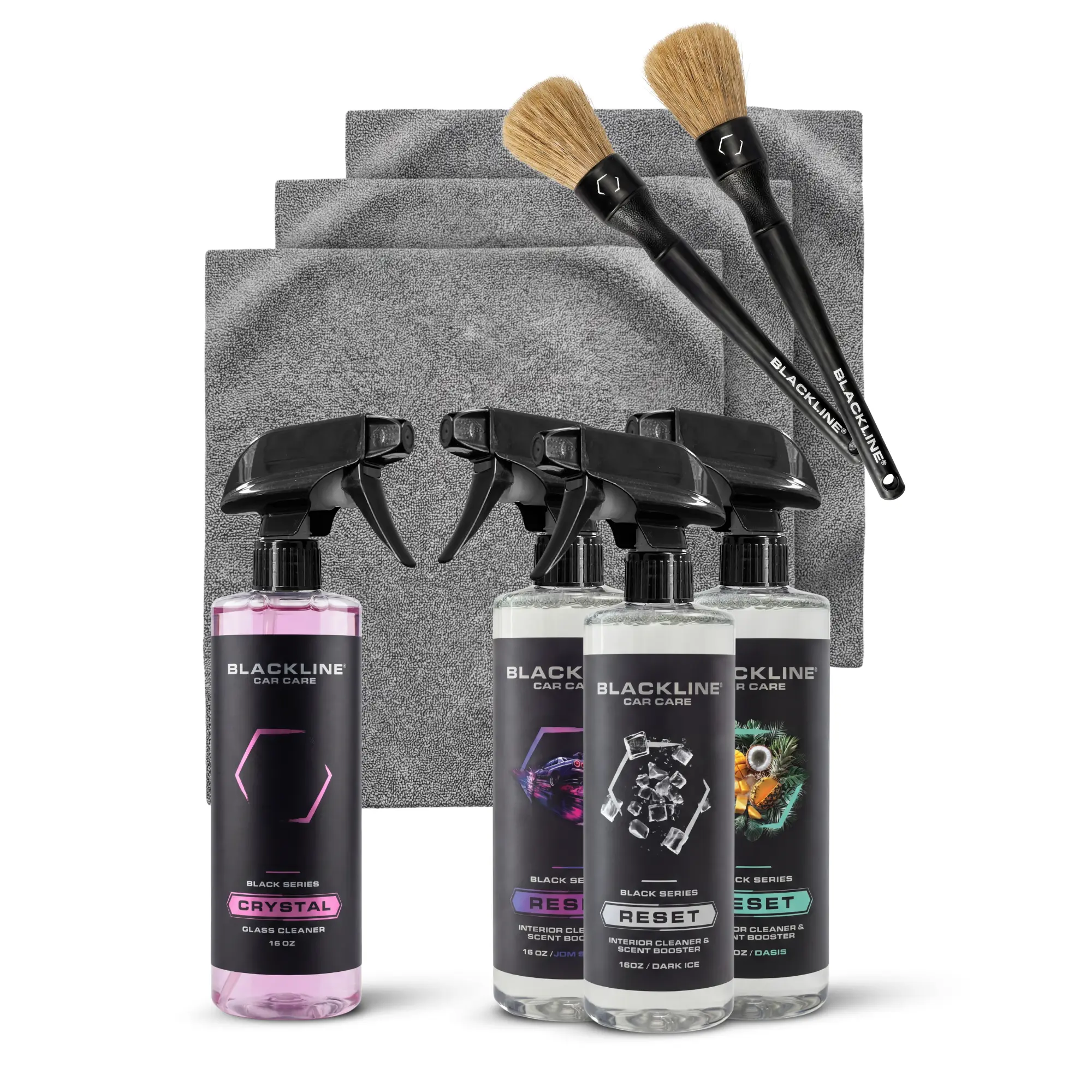 BLACKLINE Reset Welcome Car Cleaning Kit - 16oz Interior Cleaner with Scent Booster, Boar Hair Brushes, Edgeless Microfiber Cleaning Towels, Crystal Glass Cleaner, Buy 3 Get 6 Free, Choose Fresh, Rich or Bold Scent for Cars Deep Cleaning