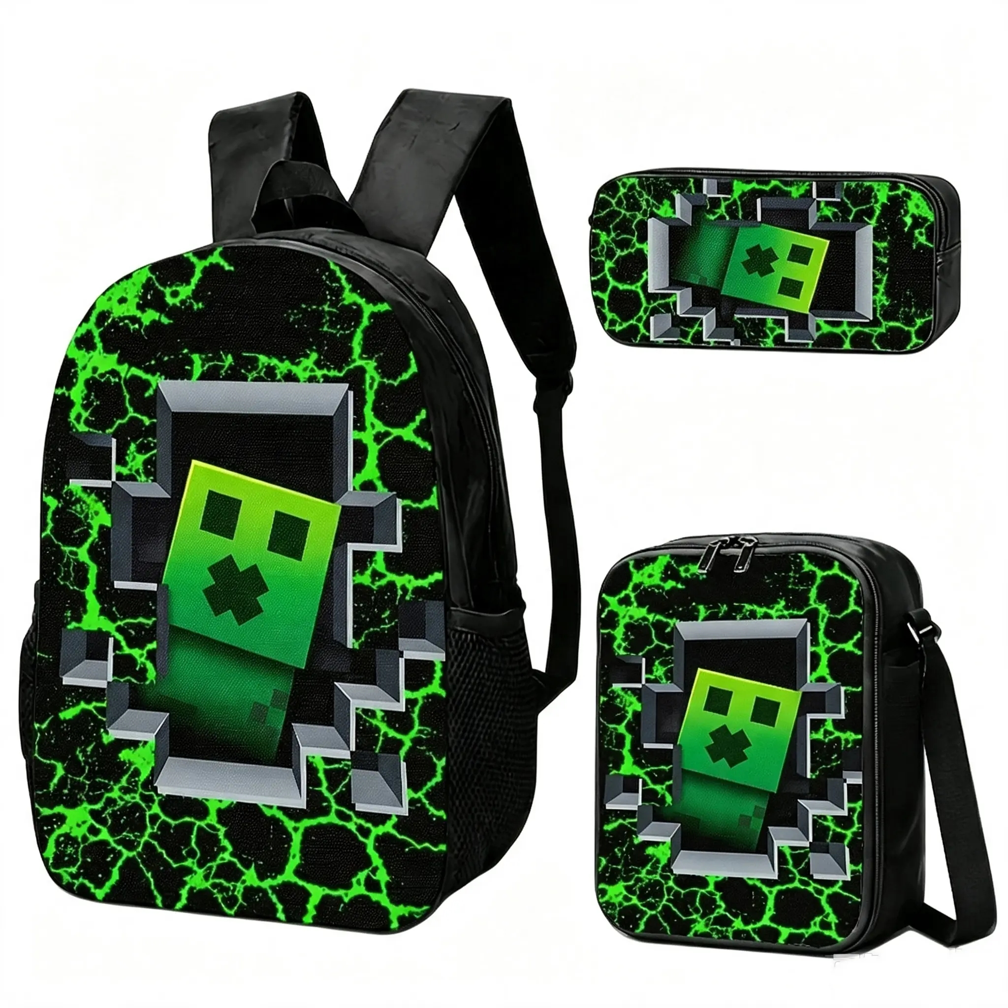 Three-piece pixel monster game backpack set, a student schoolbag with lunch bag and pencil case featuring pixel patterns, a back-to-school casual travel bag, and an anime cartoon backpack for dual-shoulder carrying.