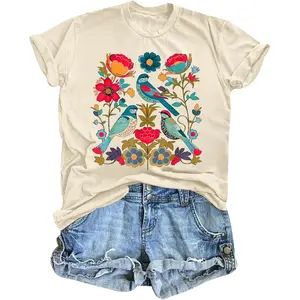 Vintage Flower Shirt for Women Boho Floral Wildflower Cute Graphic Tees Bird Cottagecore Print T Shirts Casual Tops