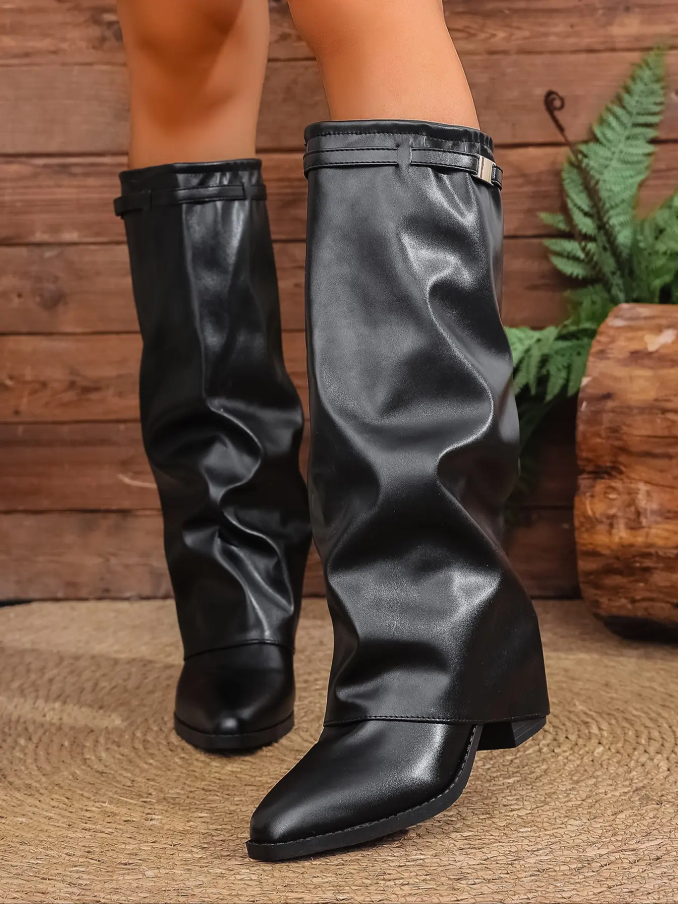 Women's Leather Foldover Shark Buckle Knee-High Pointed Toes Boots, Modern Boot, Fashion Dress Boots for Trendy Women, Durable Comfortable Women's Boots