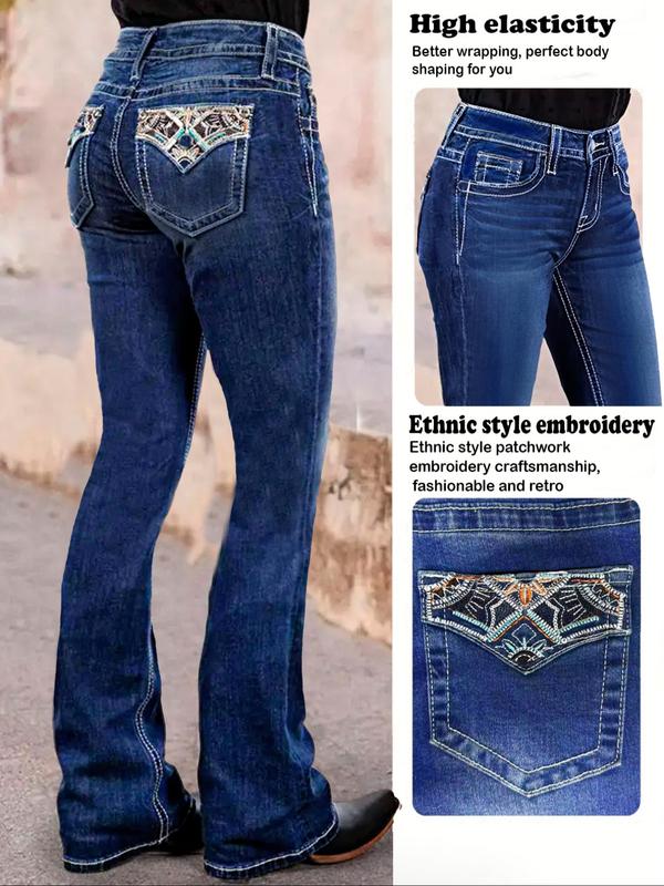 Vintage Embroidered Women's Casual Flare Denim Jeans, Retro Style High Waist Jeans, Comfortable and Stylish Ladies' Fashion