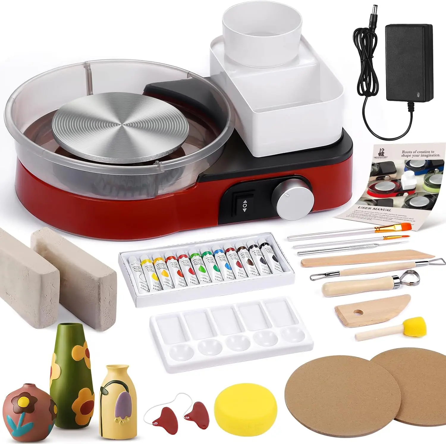 Red Mini Pottery Wheel Kit for Beginners - 6" Turntable, 2-Way Rotation, Adjustable Speed, 2.2 lbs Air-Dry Clay, Storage Design, Complete Craft Tools (Toys & Hobbies DIY Pottery & Ceramics)
