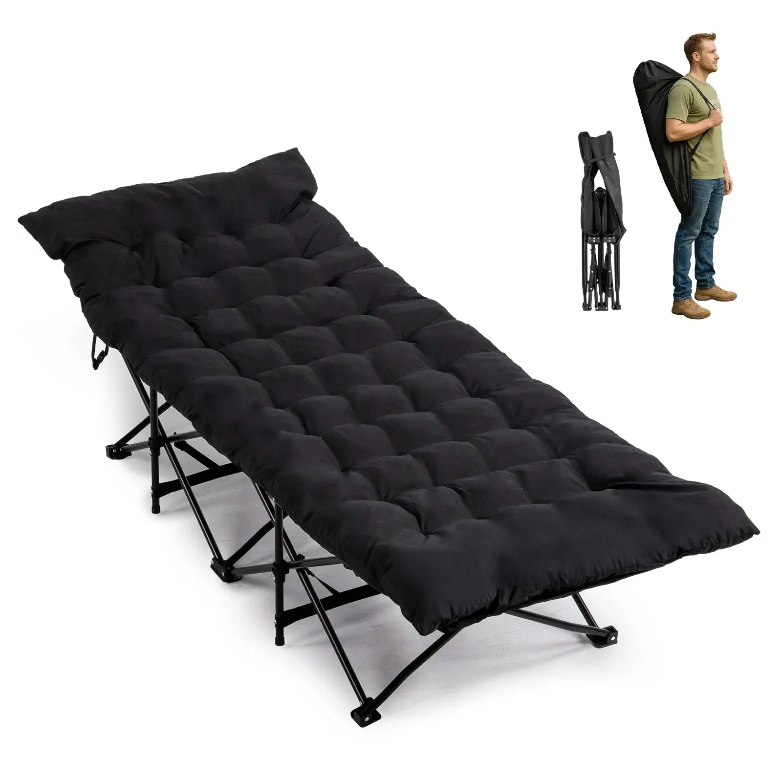 Camping Cot, 28" Wide Rollaway Bed forAdult with Pad, Portable Folding Bed forIndoor & Outdoor, Sleeping Cot with CarryBag, Supports 440 lbs, Fast Setup,Compact Carry & Storage (Black) campingessentials
