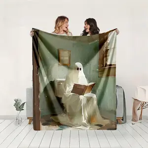 1 piece The ghost quietly reads a book in the bathroom. themed flannel blanket - Microfiber soft fluffy sofa blanket, suitable for beds and sofas, modern style, all-season use, digital print design, flannel weaving craft, 100% polyester material