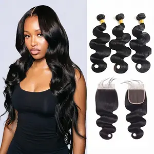 Wave  with Closure Human Hair 16 18 20+14 Inch Brazilian  Wave Human Hair 3  with 4x4  Lace Closure Free Part  Unprocessed Virgin Hair