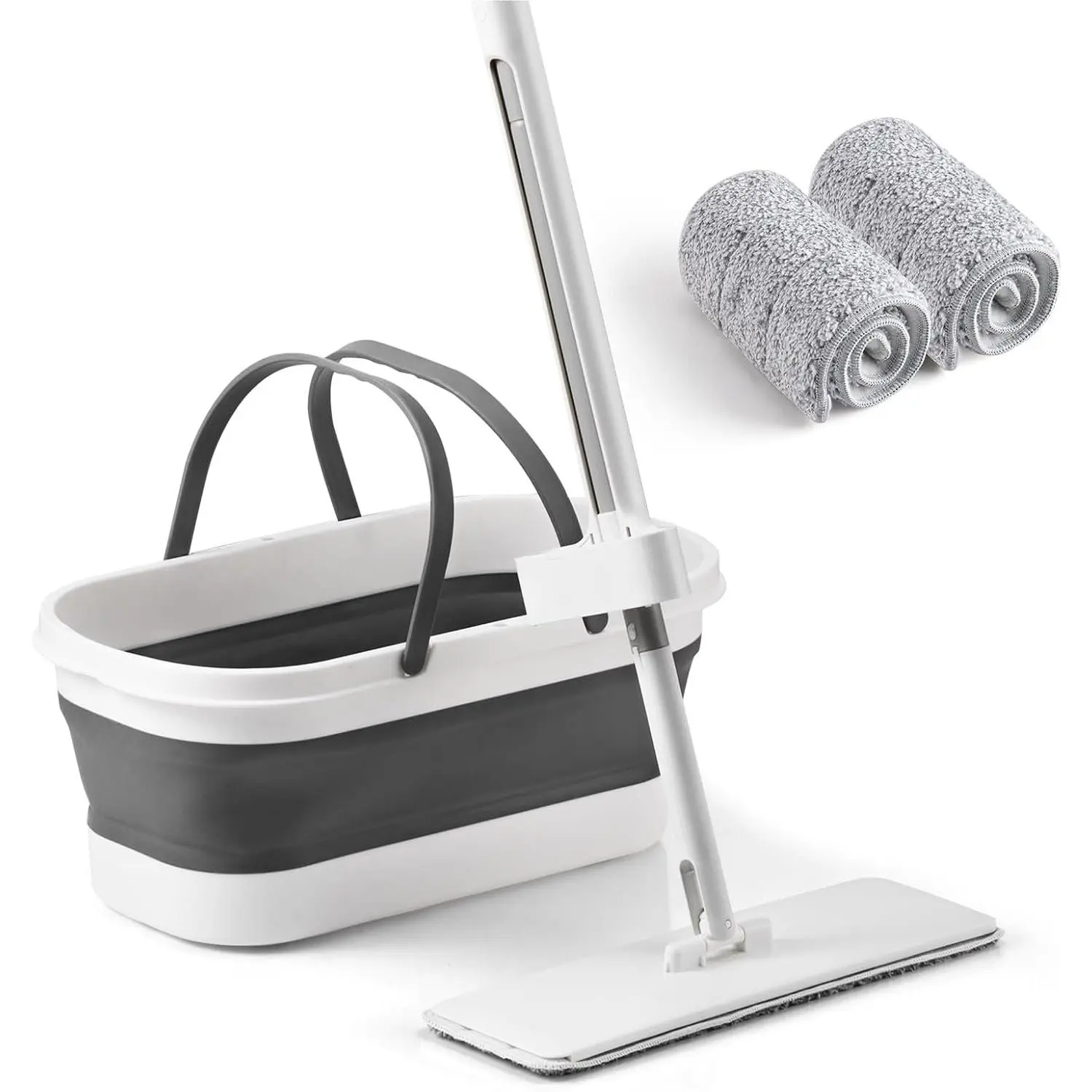 Traditional Household Cleaning Flat Mop and Bucket Set - OG7 Collapsible Bucket with Wheels, 2 Washable Microfiber Pads, Pure White