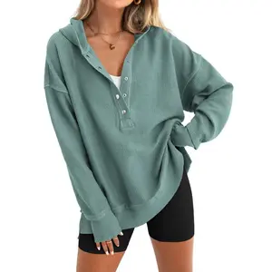 Womens Fashion Oversized Long Sleeve Hoodie Button Down V Neck Sweatshirt Casual Pullover Tops