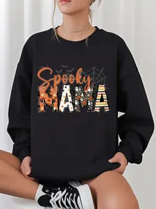 Women's Spooky MAMA Halloween Hoodie - Round-Neck Pullover Sweatshirt with Bat & Pumpkin Print, Long Sleeve Casual Witch, Mummy & Costume Party Outfit, Machine Washable Cozy Fall Sweater, Halloween Sweaters for Women, Halloween, Halloween Clothes