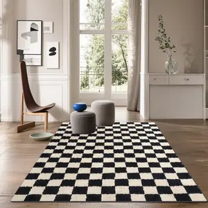[JIT] Velvet + Soft Black and White Plaid Printed Carpet, Home Decor Rug, Geometric Pattern Rug, Large Living Room Carpet, Sofa Mat, Coffee Table Mat, Bedroom Rug, Suitable for Multiple Scenarios Such as Malls and Coffee Shops, Multiple Si
