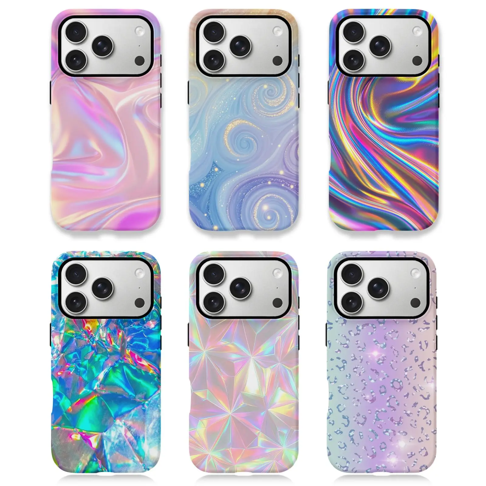 Iridescent Swirls Holographic Crystals Sparkle Dots Phone Case for iPhone 17/16/15/14/13/12/11 ProMax/Plus, Hard Case with Impact Dispersion Technology, Flexible Rubber Liner, Glossy UV Finish