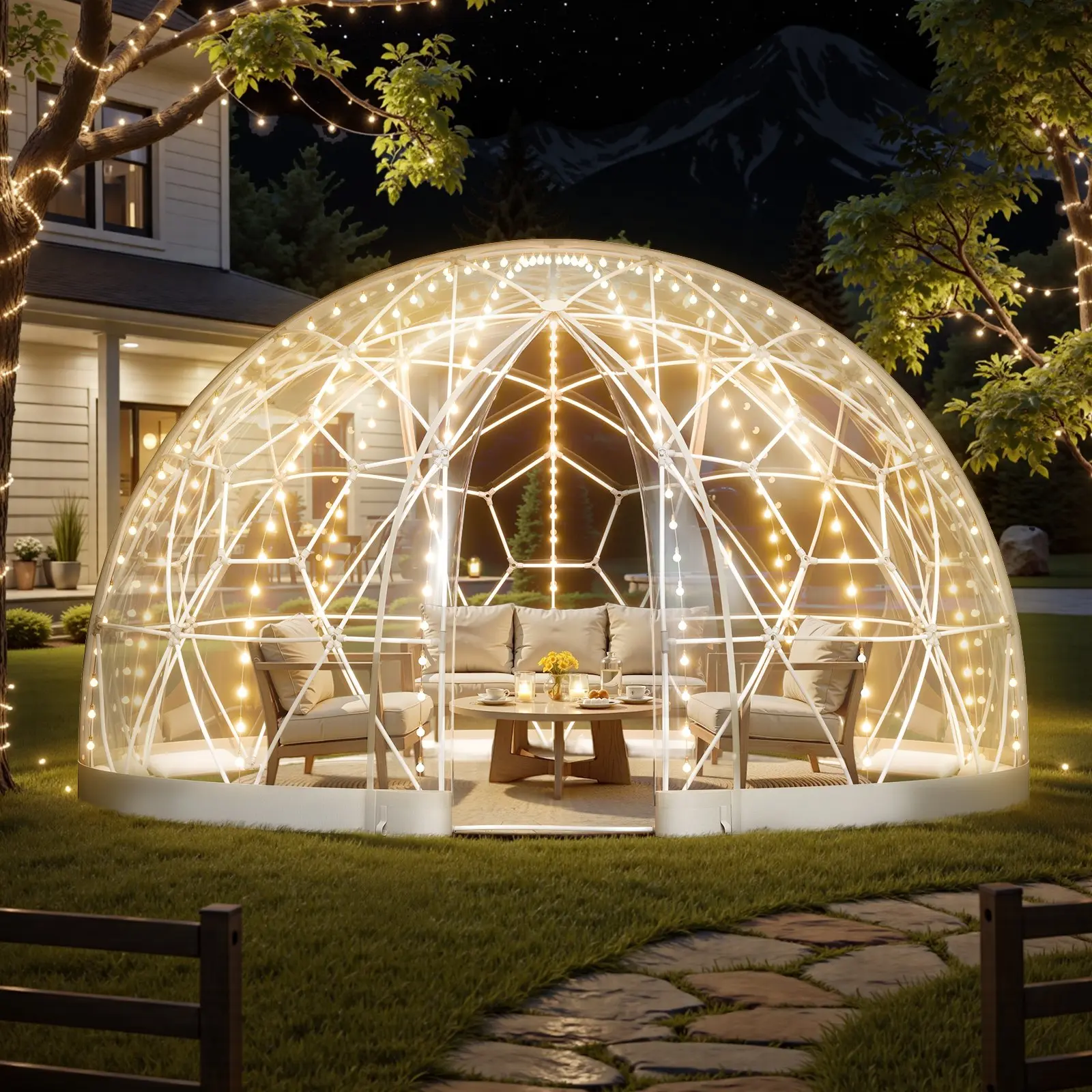 【Summerfinds】VEVOR Garden Dome Igloo, 9.5 x 5.7 ft Outdoor Clear Bubble Tent for 2-4 Person, Weatherproof Geodesic Dome Greenhouse  with Window, PVC Igloo Tent for Backyard Patios Camping Party Wedding Windproof Portable Tent Instant Canopy Tent