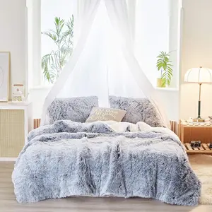 3-Piece Plush Shaggy Comforter Set, Full/Queen Size Luxury Faux Fur Reversible Bedding Comforter Set, Cozy Warm Bedding Set for Winter (Gray n White, 88x88 inches)