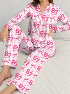 67 Meme Pajamas Set for Women | Pink Bow Six Seven Pajama Set | Funny TikTok Viral PJs | Cute Satin Long & Short Sleepwear