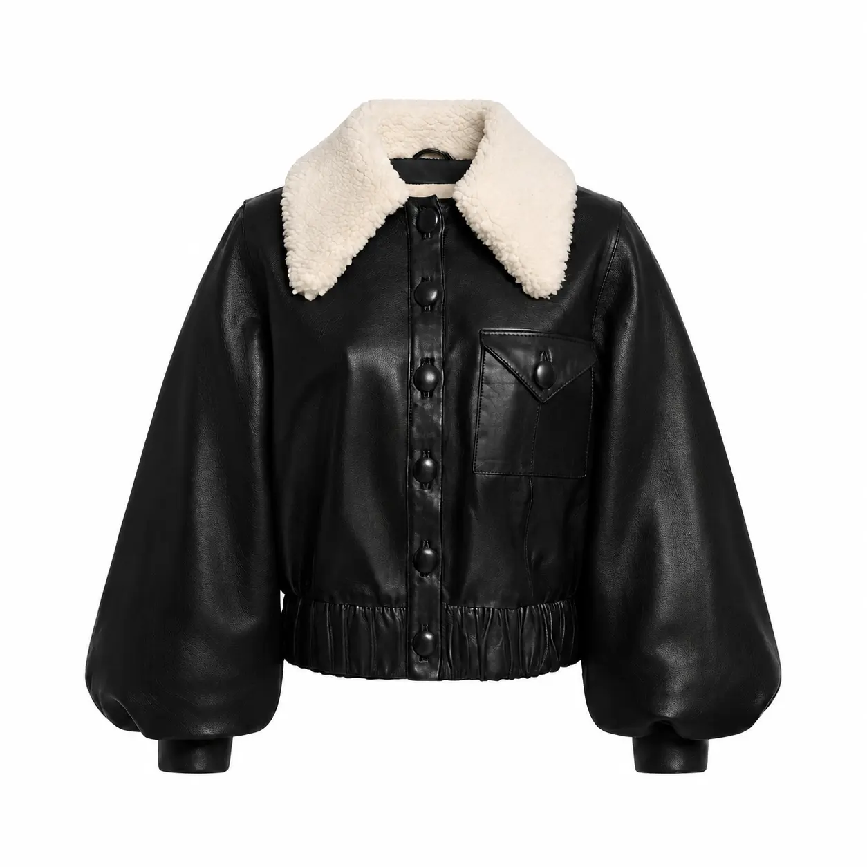 Women's Genuine Leather Bomber Jacket – Black Real Leather Jacket with Sherpa Collar, Button Front & Balloon Sleeves