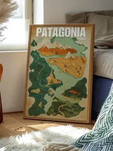 Patagonia Trails Illustrated Map Poster, Vintage Hiking Art Print, Adventure Wall Decor, Retro Inspired Wilderness Design for Explorers