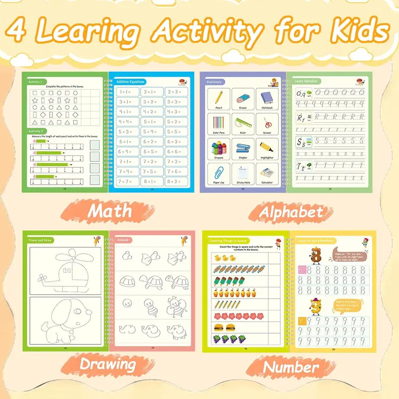Magic Practice Scribe Book Set, 4 Counts/set Reusable Number & Letter & Math & Drawing Practice Scribe Book with 1 Pen, 6 Refill & 1 Pen,mess free and useful