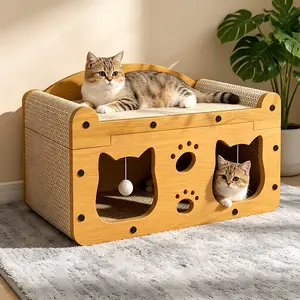 【10,000+ favorites】2-in-1 Cat Bed with Scratching Pad – Pet furniture for indoor cats, ideal for multi-cat households. Durable double-decker design, stylish and comfortable for all seasons. A wooden cat bed with a modern touch. House