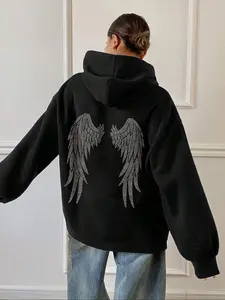 Women's Casual Hooded Drawstring Pocket Sweatshirt Angel Wings Print, Street Fashion Fitted Pullover for All Seasons