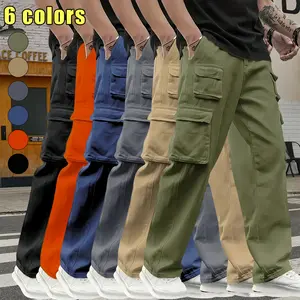 Men’s casual cargo pants, loose straight cut with multiple pockets; side pockets are larger and smaller, both with flap covers. Solid color, minimalist design, available in multiple colors. Suitable for outdoor travel, daily commuting, and casual wear.