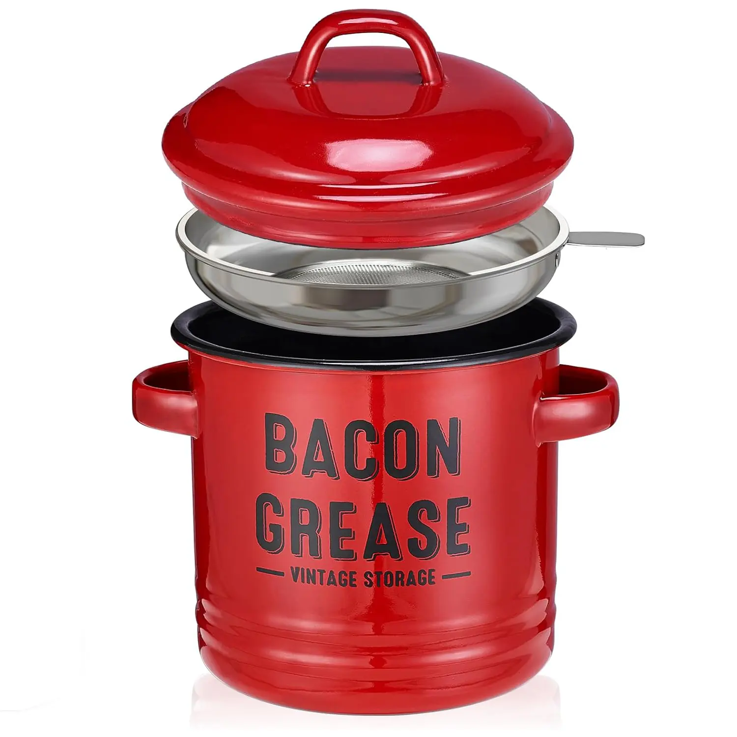 Bacon Grease Container with Strainer - Large 46OZ Red Kitchen Oil Storage Can, Food Saver Bin with Lid | Farmhouse Cooking Pot Keeper Collector, Dishwasher Safe
