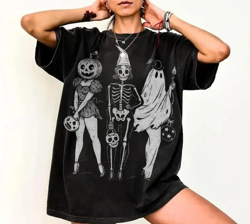 Unisex Retro Halloween Art T-Shirt - Streetwear Sporty Oversize Loose-Fit, Breathable Round Neck, Comfortable Baggy Minimalist Casual Everyday Easy-To-Style Men's Tee