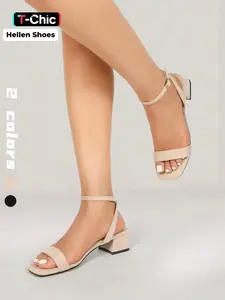 Women's Spring/Summer Fashion Sandals, Footwear: Cute, Chunky-Heeled, Open-Toe Styles. Featuring a solid-color palette in Beige and Black, suede-finish high-heeled sandals are versatile for daily wear, proms, beach outings