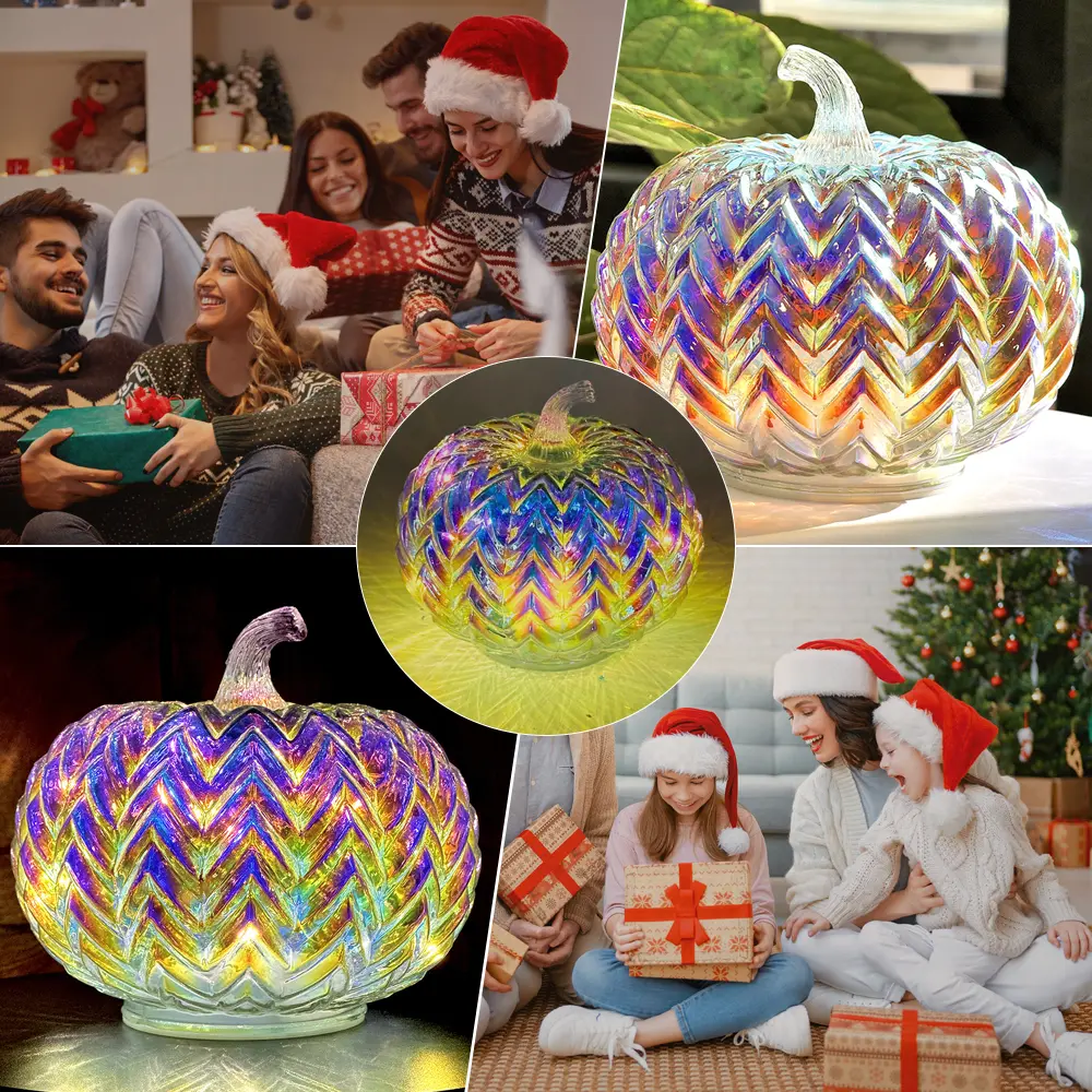 Colorful Mercury Glass Pumpkin with Built-in LED Light - Enhance Your Fall Decor with Magical Glow-Perfect Harvest Festival Decorations and Gift