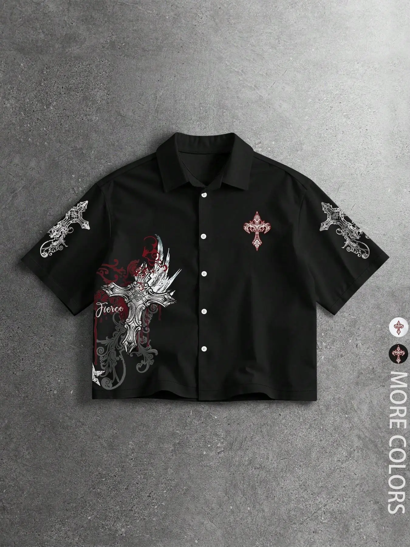 Unisex Gothic Style Casual Short-Sleeve Shirt Top with Gothic Rune and Cross Print, All over printed, for Spring and Autumn, Suitable for streetwear, gothic outfits, couple outfits