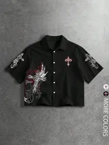 Unisex Gothic Style Short-Sleeve Shirt with Gothic Rune and Cross Print for Spring and Autumn. Suitable for streetwear, gothic outfits, high street culture, couple outfits, gothic culture, men's gifts and couple outfits.