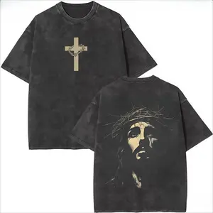Jesus Crown of Thorns Vintage Washed T Shirt God Faith Apparel Graphic Tee Easter Inspired Christian Streetwear Casual Round Neck Soft Pure Cotton Breathable Oversized Top Gym Pump Cover Unisex Daily Outdoor Fashion Outfit For Adults clothing