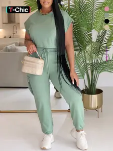 Women's Solid Color Batwing Sleeve Crop Top & Drawstring Waist Pants Two-Piece Set, Casual Fashion Round Neck Top & Pocket Trousers for Daily Outdoor Wear, Ladies Two-Piece Outfits for All Seasons