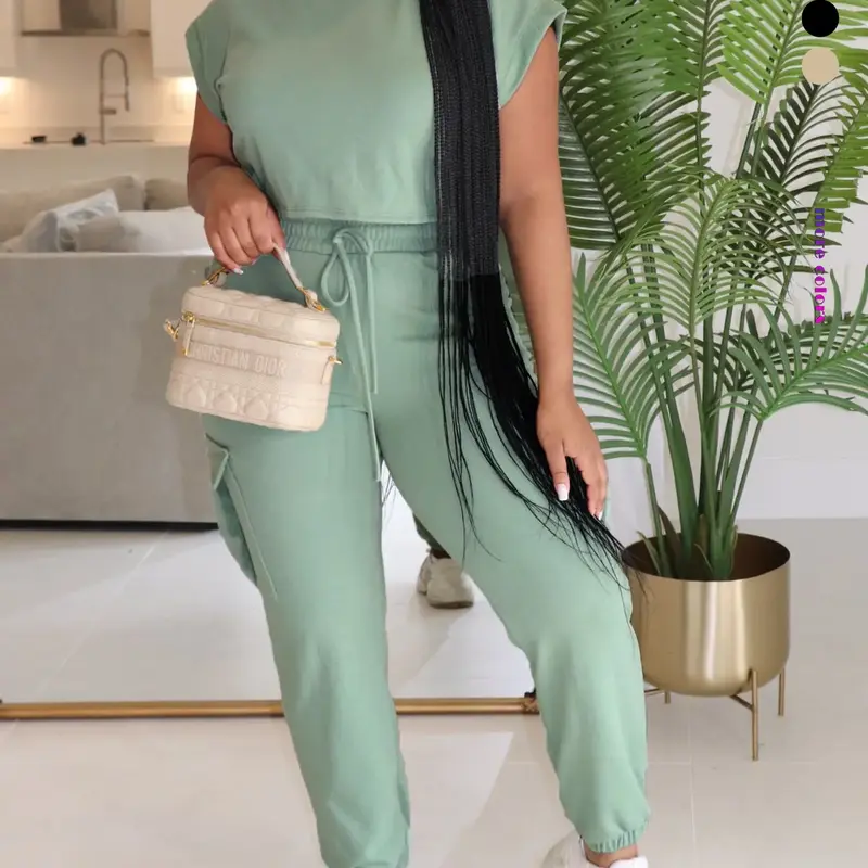 Women's Solid Color Batwing Sleeve Fitted Crop Top & Drawstring Waist Pants Two-Piece Set, Cropped Top Set, Casual Fashion Round Neck Top & Pocket Trousers for Daily Outdoor Wear, Ladies Two-Piece Outfits for All Seasons Womenswear Clothes