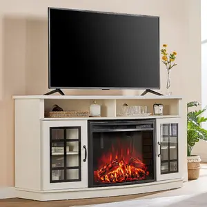 AMERLIFE Curved TV Stand with 26" Electric Fireplace for TVs up to 65", Fireplace TV Console Table, White/Grey/Black